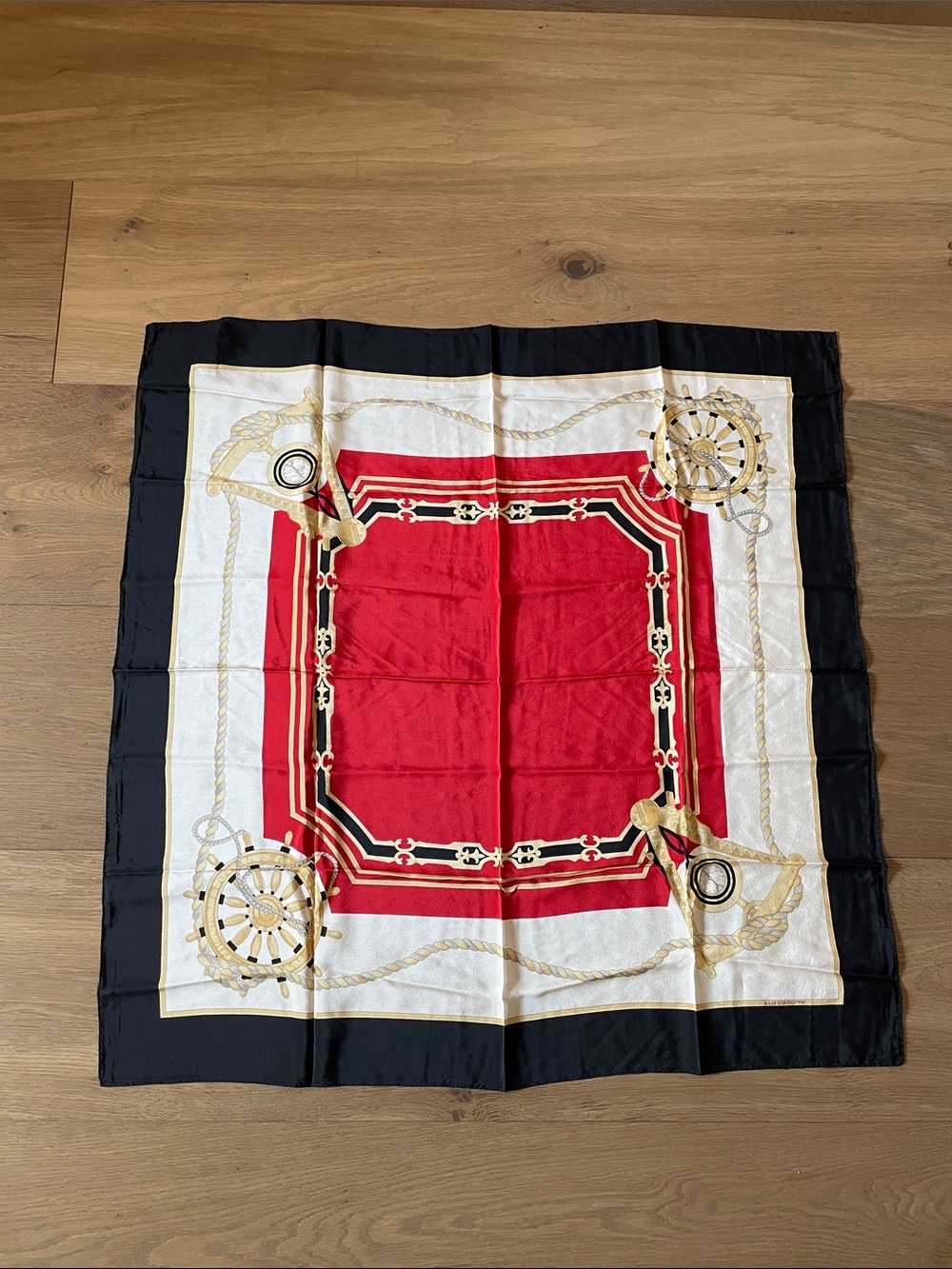 Vintage Liz Clabourne Nautical 100% Silk Scarf - Red Gold Black Stripe Square